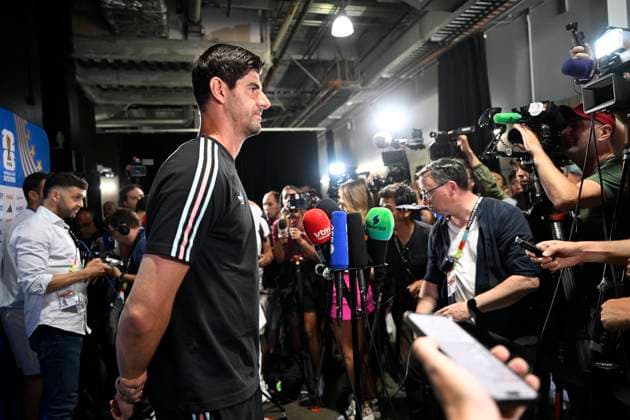 Belgian national football team - FIFA World Cup, WM, Weltmeisterschaft, Fussball 2026 - media activities 08 07 2026 LOS ANGELES, UNITED STATES OF AMERICA - JULY 08 : Courtois Thibaut goalkeeper of Belgium talking to the press during a press conference, PK, Pressekonferenz of the Belgian national football team during the FIFA World Cup 2026 on July 8, 2026 in Los Angeles, United States of America, 08 07 2026 Los Angeles United States of America  Copyright: xNicoxVereeckenx