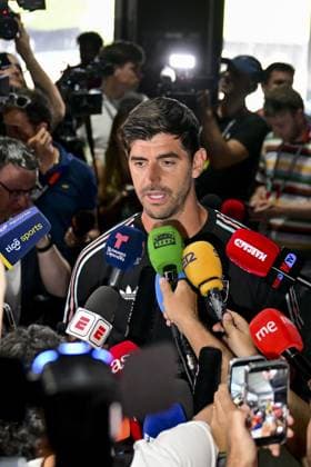 Belgium s goalkeeper Thibaut Courtois pictured during a press conference, PK, Pressekonferenz of Belgian national soccer team Red Devils, on Wednesday 08 July 2026 in Carson, Los Angeles County, California, USA. The Rode Duivels - Diables Rouges qualified for the knockout stage of the 2026 FIFA World Cup, WM, Weltmeisterschaft, Fussball where they ll meet Spain in the round of 8 on July 10th. DIRKxWAEM  x180745189x