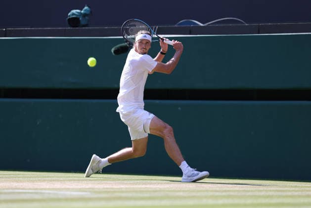 Alexander Zverev, GER, during quarterfinals of 2026 All England Lawn Tennis Championships at Wimbledon, mens singles, London, 08 07 2026; - *** Alexander Zverev, GER, during the quarterfinals of the 2026 All England Lawn Tennis Championships at Wimbledon, men s singles, London, July 8, 2026 