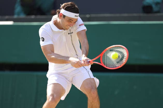 Taylor Fritz, USA, during quarterfinals of 2026 All England Lawn Tennis Championships at Wimbledon, mens singles, London, 08 07 2026; - *** Taylor Fritz, USA, during the quarterfinals of the 2026 All England Lawn Tennis Championships at Wimbledon, men s singles, London, July 8, 2026 