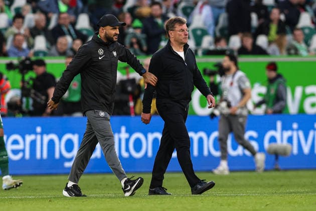 Head Coach Dieter Hecking and Assistant Coach Murat Ural, VfL Wolfsburg 1, Bundesliga, 2025–2026 season, league match between VfL Wolfsburg and FC Bayern Munich at the Volkswagen Arena in Wolfsburg; soccer, Germany, man, men, May 9, 2026