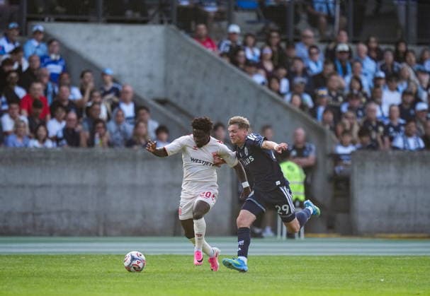 July 8, 2026, Burnaby, Bc, CANADA: Cavalry FC s Goteh Ntignee (20) and Vancouver Whitecaps Mihail Gherasimencov (29) vie for the ball during the first half of a Canadian Championship quarterfinal soccer match, in Burnaby, B.C., on Wednesday, July 8, 2026. Canada News - July 8, 2026  - ZUMAc35_ 20260708_zaf_c35_079 Copyright: xDarrylxDyckx