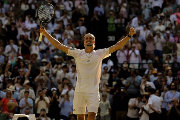 (260709) -- LONDON, July 9, 2026 -- Alexander Zverev of Germany celebrates after winning the men s singles quarterfinal match against Taylor Fritz of the United States at the Wimbledon Tennis Championships in London, Britain, on July 8, 2026. (Photo by Xinhua) (SP)BRITAIN-LONDON-TENNIS-WIMBLEDON-MEN S SINGLES DinendraxHaria 