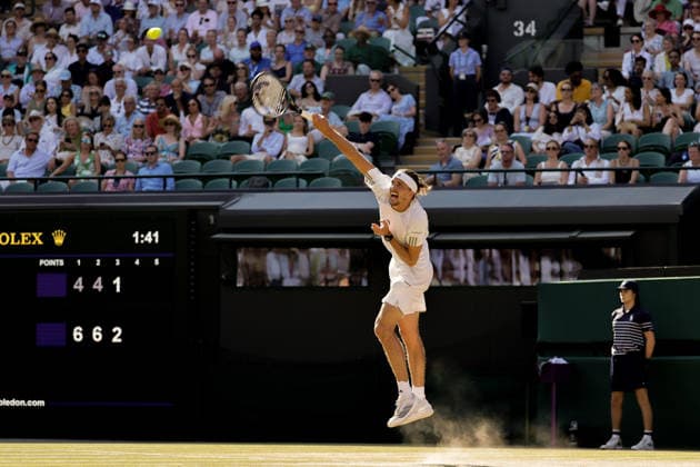 (260709) -- LONDON, July 9, 2026 -- Alexander Zverev of Germany serves during the men s singles quarterfinal match against Taylor Fritz of the United States at the Wimbledon Tennis Championships in London, Britain, on July 8, 2026. (Photo by Xinhua) (SP)BRITAIN-LONDON-TENNIS-WIMBLEDON-MEN S SINGLES DinendraxHaria 