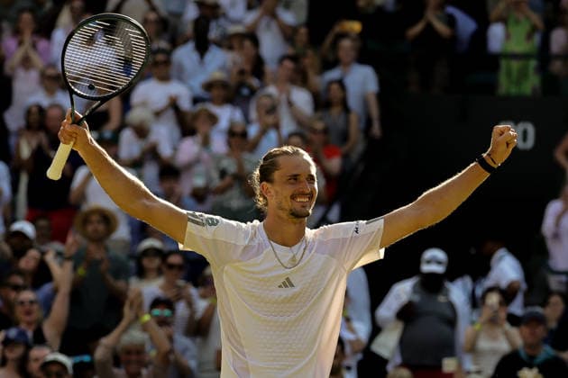 (260709) -- LONDON, July 9, 2026 -- Alexander Zverev of Germany celebrates after winning the men s singles quarterfinal match against Taylor Fritz of the United States at the Wimbledon Tennis Championships in London, Britain, on July 8, 2026. (Photo by Xinhua) (SP)BRITAIN-LONDON-TENNIS-WIMBLEDON-MEN S SINGLES DinendraxHaria 