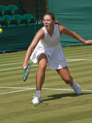 Tennis - 2026 Wimbledon Championships - Day Eleven (Week Two) - All England Lawn Tennis & Croquet Club, London - Thursday 8th July 2026 Court 4 : Girls Singles 14 and Under : Isabella Rebel (GBR) v Ayaka Iwasa (JPN) Isabella Rebel (GBR) COLORSPORT ANDREW COWIE 