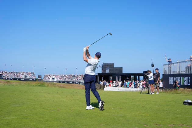 NORTH BERWICK, SCOTLAND - JULY 9: Rory McIlroy plays from the fifteenth tee during Round 1 of the Genesis Scottish Open at the Renaissance Club, North Berwick on July 9, 2026 in North Berwick, Scotland Genesis Scottish Open Round 1