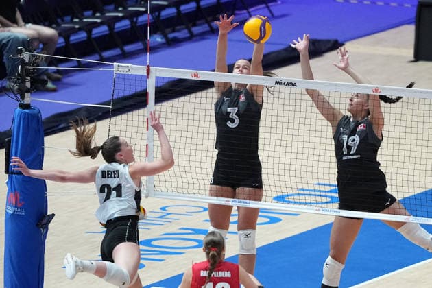 RECORD DATE NOT STATED Volleyball Nations League Hong Kong 2026 - Day 2 Kiera Van Ryk (No.3) and Emily Maglio (No.19) from team Canada during the match between Canada and Belgium at Volleyball Nations League Hong Kong 2026 on July 9, 2026 in Hong Kong. (Photo by Ellan Mad Nexpher Images) Hong Kong