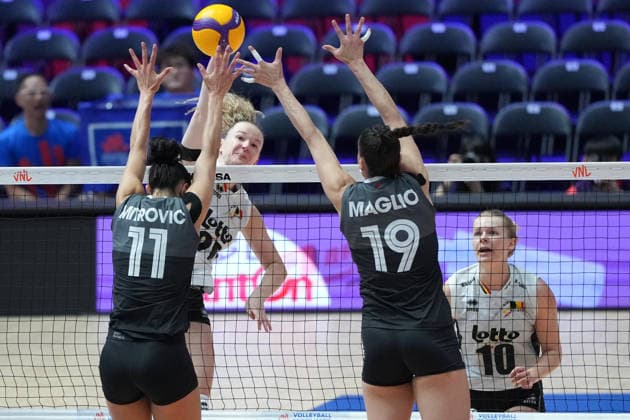 RECORD DATE NOT STATED Volleyball Nations League Hong Kong 2026 - Day 2 Janne Deleu (No.21) and Pauline Martin (No.10) from team Belgium during the match between Canada and Belgium at Volleyball Nations League Hong Kong 2026 on July 9, 2026 in Hong Kong. (Photo by Ellan Mad Nexpher Images) Hong Kong