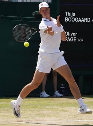 Tennis - 2026 Wimbledon Championships - Day Eleven (Week Two) - All England Lawn Tennis & Croquet Club, London - Thursday 8th July 2026 Court 12 : Boys Singles Quarter Final : Oliver Page (GBR) v Thijs Boogaard (NED) Thijs Boogaard (NED) COLORSPORT ANDREW COWIE 