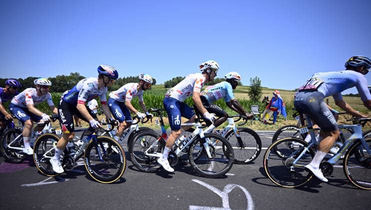 Slovenian Jan Tratnik of Red Bull-BORA-hansgrohe, French Thibault Guernalec of TotalEnergies and Eritrean Biniam Girmay of NSN Cycling Team pictured in action during stage 6 of the 2026 Tour de France cycling race, a stage of 186 km from Pau to Gavarnie-Gedre, on Thursday 09 July 2026. The 113th edition of the Tour de France starts on Saturday 4 July in Barcelona, Spain, and will finish in Paris, France on the 26th of July. POOLxTOMASxSISK  x180776391x