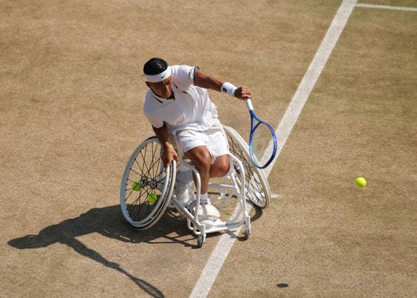 RECORD DATE NOT STATED 9th July 2026; All England Lawn Tennis and Croquet Club, London, England; Wimbledon Tennis Tournament, Day Eleven; Tokito Oda (JPN) with a backhand shot to Takuya Miki (JPN) JohnxPatrickxFletcher
