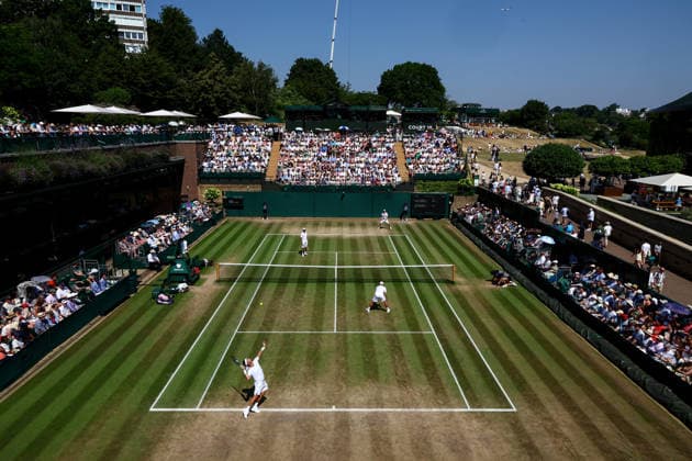 RECORD DATE NOT STATED 9th July 2026; All England Lawn Tennis and Croquet Club, London, England; Wimbledon Tennis Tournament, Day Eleven; View of Court 18 with the round robin doubles match between Fabio Fognini (ITA) and Lleyton Hewitt (AUS) vs James Blake (USA) and Kyle Edmund JohnxPatrickxFletcher