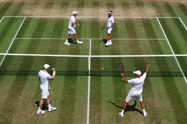 RECORD DATE NOT STATED 9th July 2026; All England Lawn Tennis and Croquet Club, London, England; Wimbledon Tennis Tournament, Day Eleven; Court 18 with the round robin doubles match between Fabio Fognini (ITA) and Lleyton Hewitt (AUS) vs James Blake (USA) and Kyle Edmund entertaining the crowd JohnxPatrickxFletcher