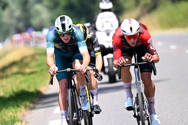 Tour de France 2026 Stage 6 GAVARNIE-CEDRE, FRANCE - JULY 09 : Pedersen Mads (DEN) of Lidl - Trek, Artz Huub (NED) of Lotto - Intermarche and Campenaerts Victor (BEL) of Team Visma Lease a Bike during stage 6 of the 113rd edition of Tour de France an UCI World Tour 2.UWT cycling road race stage for Men Elite of 186 km with start in Pau and finish in Gavarnie-Cedre on July 9, 2026 in Gavarnie-Cedre, France, 09 07 2026 ( Motordriver Kurt Vandenborre - Gavarnie-Cedre France  Copyright: xTomasxSiskx