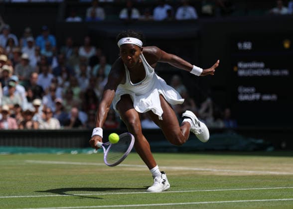RECORD DATE NOT STATED 9th July 2026; All England Lawn Tennis and Croquet Club, London, England; Wimbledon Tennis Tournament, Day Eleven; Coco Gauff (USA) sprints to play a shot at the net against Karolina Muchova (CZE) JohnxPatrickxFletcher