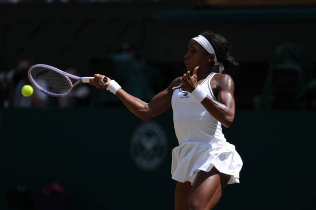RECORD DATE NOT STATED 9th July 2026; All England Lawn Tennis and Croquet Club, London, England; Wimbledon Tennis Tournament, Day Eleven; Coco Gauff (USA) with a forehand shot to Karolina Muchova (CZE) JohnxPatrickxFletcher