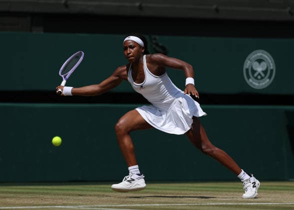 RECORD DATE NOT STATED 9th July 2026; All England Lawn Tennis and Croquet Club, London, England; Wimbledon Tennis Tournament, Day Eleven; Coco Gauff (USA) with a forehand shot to Karolina Muchova (CZE) JohnxPatrickxFletcher