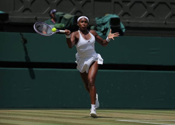 RECORD DATE NOT STATED 9th July 2026; All England Lawn Tennis and Croquet Club, London, England; Wimbledon Tennis Tournament, Day Eleven; Coco Gauff (USA) with a forehand shot to Karolina Muchova (CZE) JohnxPatrickxFletcher