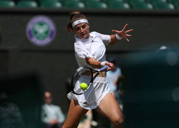 RECORD DATE NOT STATED 9th July 2026; All England Lawn Tennis and Croquet Club, London, England; Wimbledon Tennis Tournament, Day Eleven; Karolina Muchova (CZE) with a forehand shot to Coco Gauff (USA) JohnxPatrickxFletcher