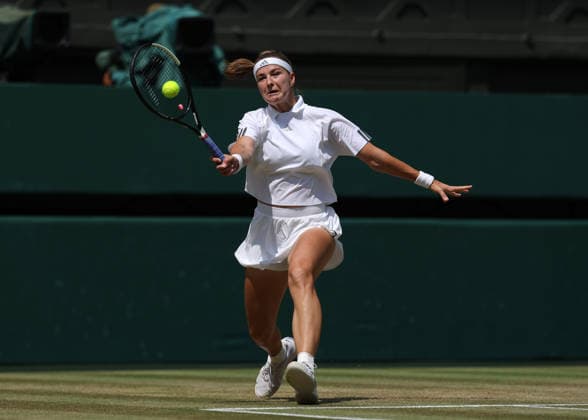 RECORD DATE NOT STATED 9th July 2026; All England Lawn Tennis and Croquet Club, London, England; Wimbledon Tennis Tournament, Day Eleven; Karolina Muchova (CZE) with a forehand shot to Coco Gauff (USA) JohnxPatrickxFletcher