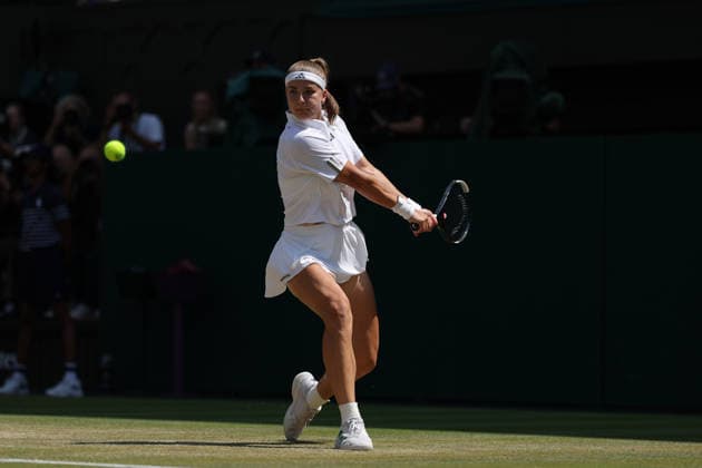 RECORD DATE NOT STATED 9th July 2026; All England Lawn Tennis and Croquet Club, London, England; Wimbledon Tennis Tournament, Day Eleven; Karolina Muchova (CZE) with a forehand shot to Coco Gauff (USA) JohnxPatrickxFletcher