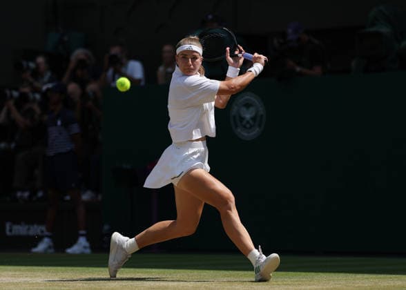 RECORD DATE NOT STATED 9th July 2026; All England Lawn Tennis and Croquet Club, London, England; Wimbledon Tennis Tournament, Day Eleven; Karolina Muchova (CZE) with a forehand shot to Coco Gauff (USA) JohnxPatrickxFletcher