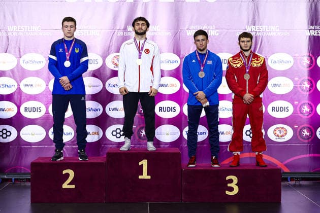 U20 European Championships Podium 72kg GR - Gold: Salih Yusuf Yazici (TUR), Silver: Dmytro Demianovskyi (UKR), Bronze: Arionas Kolitsopoulos (GRE), Vladislav Byrlia (RUS) *** U20 European Championships Podium, 72 kg Greco-Roman: Gold – Salih Yusuf Yazici (TUR); Silver – Dmytro Demianovskyi (UKR); Bronze – Arionas Kolitsopoulos (GRE); Vladislav Byrlia (RUS) Copyright: xJakexKirkmanx xUnitedxWorldxWresx Jake Kirkman United World Wres