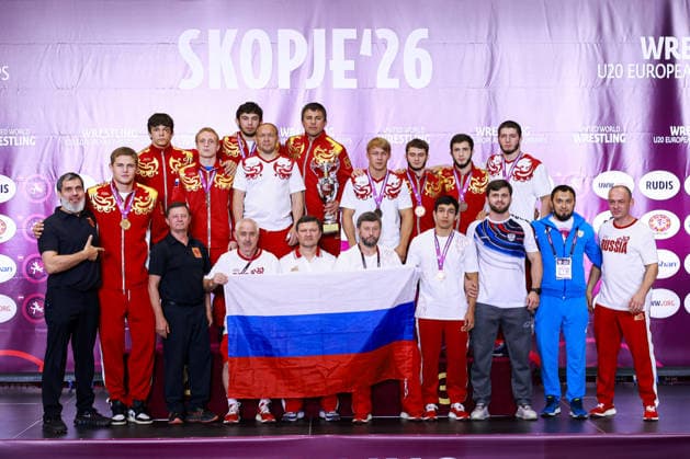 U20 European Championships Team Podium GR - Gold: (RUS) *** U20 European Championships Team Podium GR Gold RUS Copyright: xJakexKirkmanx xUnitedxWorldxWresx Jake Kirkman United World Wres