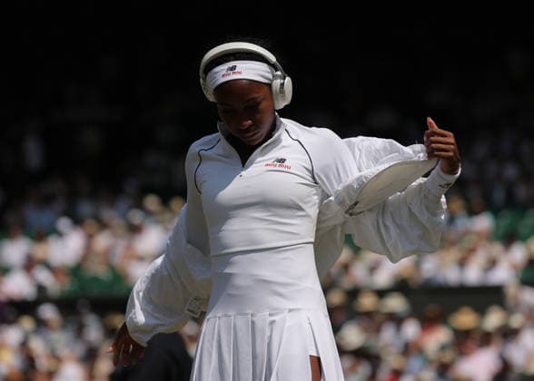 RECORD DATE NOT STATED 9th July 2026; All England Lawn Tennis and Croquet Club, London, England; Wimbledon Tennis Tournament, Day Eleven; Coco Gauff (USA) wearing the New Balance X Miu Miu Outfit &amp; headband and Bose White Headphones JohnxPatrickxFletcher