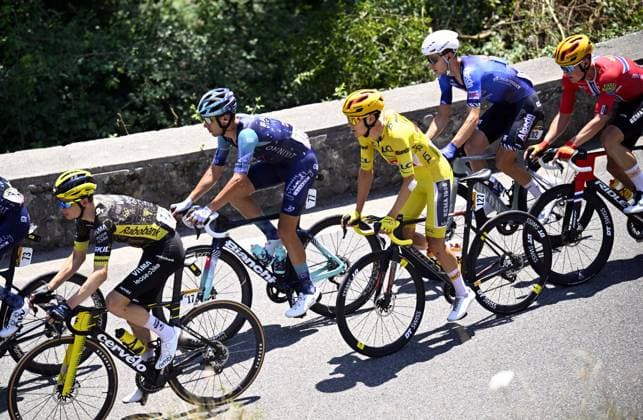 American Sepp Kuss of Team Visma-Lease a Bike, Italian Antonio Tiberi of Bahrain Victorious and Norwegian Torstein Traeen of Uno-X Mobility pictured in action during stage 6 of the 2026 Tour de France cycling race, a stage of 186 km from Pau to Gavarnie-Gedre, on Thursday 09 July 2026. The 113th edition of the Tour de France starts on Saturday 4 July in Barcelona, Spain, and will finish in Paris, France on the 26th of July. POOLxTOMASxSISK  x180779487x