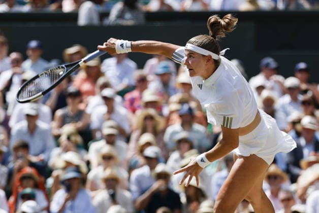 Tennis: Wimbledon championships Karolina Muchova of the Czech Republic plays against Coco Gauff of the United States in the women s singles semifinals at the Wimbledon tennis tournament in London on July 9, 2026.  A14AA0005622330P