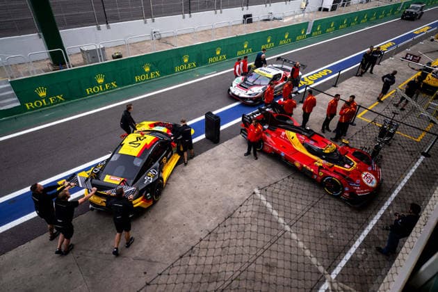 FIA WEC - 6 HOURS OF SAO PAULO 2026 92 LIETZ Richard (aut), PERA Riccardo (ita), SHAHIN Yasser (aus), The Bend Manthey, Porsche 911 GT3 R (992.2) 92, LM GT3, 21 HERIAU Francois (fra), MANN Simon (usa), ROVERA Alessio (ita), Vista AF Corse, Ferrari 296 GT3 Evo 21, LM GT3, 50 FUOCO Antonio (ita), MOLINA Miguel (spa), NIELSEN Nicklas (dnk), Ferrari AF Corse, Ferrari 499P 50, Hypercar,scrutineering, verifications techniques, during the 6 Hours of Sao Paulo 2026, 4th round of the 2026 FIA World Endurance Championship, from July 10 to 12, 2026 on the Interlagos Circuit in Sao Paulo, Brazil - Sao PauloBrazil  Copyright: xMariusxHeckerx