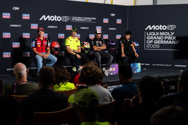 GER, Großer Preis von Deutschland, MotoGP. 11. Lauf, FIM Motorrad-Weltmeisterschaft. 09.07.2026, Sachsenring, Hohenstein-Ernstthal, GER, Großer Preis von Deutschland, MotoGP. 11. Lauf, FIM Motorrad-Weltmeisterschaft. 93, Marc Marquez, Ducati Lenovo Team, 49, Fabio Di Giannantonio, Pertamina Enduro VR46 Racing Team, 89, Jorge Martin, Aprilia Racing, 79, Ai Ogura, SuperFile Trackhouse MotoGP Team bei der Pressekonferenz Â Foto: Alexander Trienitz Hohenstein-Ernstthal Sachsenring Sachsen Deutschland *** GER, German Grand Prix, MotoGP Round 11, FIM Motorcycle World Championship, July 9, 2026, Sachsenring, Hohenstein Ernstthal, GER, German Grand Prix, MotoGP Round 11, FIM Motorcycle World Championship 93, Marc Marquez, Ducati Lenovo Team, 49, Fabio Di Giannantonio, Pertamina Enduro VR46 Racing Team, 89, Jorge Martin, Aprilia Racing, 79, Ai Ogura, SuperFile Trackhouse MotoGP Team at the press conference. Photo by Alexander Trienitz, Hohenstein Ernstthal, Sachsenring, Saxony, Germany