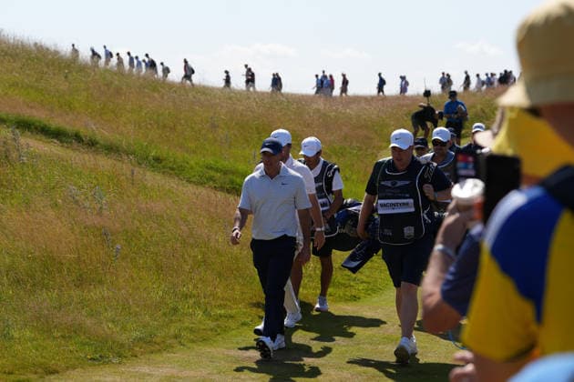 9th July 2026; The Renaissance Club, North Berwick, East Lothian, Scotland: Genesis Scottish Open Golf, Day One; Rory McIlroy walks onto the fairway on the 2nd hole AlecxBrown