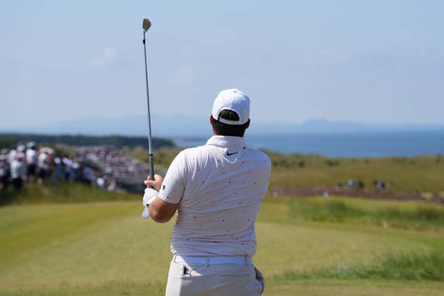 9th July 2026; The Renaissance Club, North Berwick, East Lothian, Scotland: Genesis Scottish Open Golf, Day One; Chris Gotterup watches his tee shot on the 5th hole AlecxBrown
