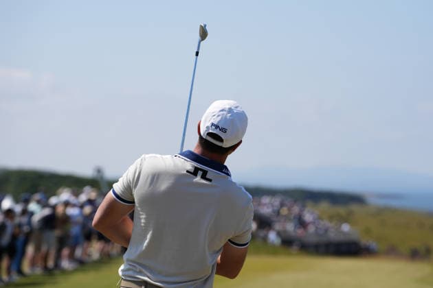9th July 2026; The Renaissance Club, North Berwick, East Lothian, Scotland: Genesis Scottish Open Golf, Day One; Victor Hovland watches his tee shot on the 5th hole AlecxBrown