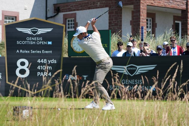 9th July 2026; The Renaissance Club, North Berwick, East Lothian, Scotland: Genesis Scottish Open Golf, Day One; Victor Hovland plays his tee shot on the 8th hole AlecxBrown