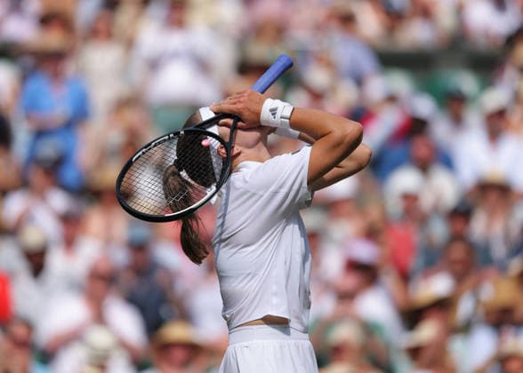 RECORD DATE NOT STATED 9th July 2026; All England Lawn Tennis and Croquet Club, London, England; Wimbledon Tennis Tournament, Day Eleven; Karolina Muchova (CZE) celebrates following victory over Coco Gauff (USA) to reach the Ladies Singles Final JohnxPatrickxFletcher