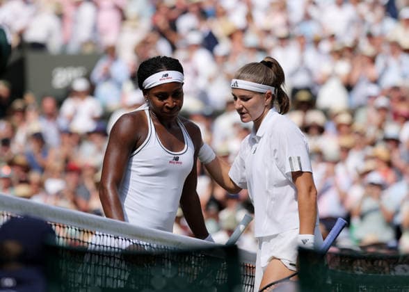 RECORD DATE NOT STATED 9th July 2026; All England Lawn Tennis and Croquet Club, London, England; Wimbledon Tennis Tournament, Day Eleven; Coco Gauff (USA) congratulates Karolina Muchova (CZE) after reaching the Ladies Singles Final JohnxPatrickxFletcher