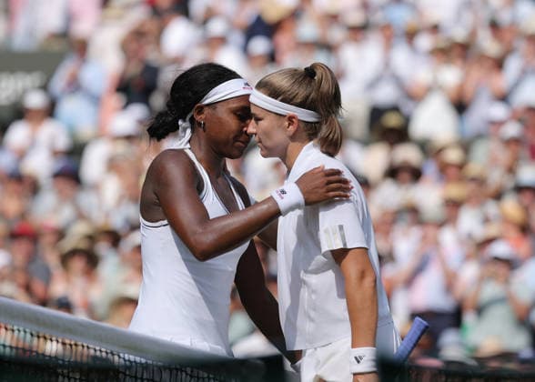 RECORD DATE NOT STATED 9th July 2026; All England Lawn Tennis and Croquet Club, London, England; Wimbledon Tennis Tournament, Day Eleven; Coco Gauff (USA) congratulates Karolina Muchova (CZE) after reaching the Ladies Singles Final JohnxPatrickxFletcher