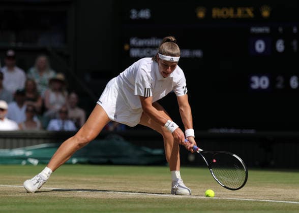 RECORD DATE NOT STATED 9th July 2026; All England Lawn Tennis and Croquet Club, London, England; Wimbledon Tennis Tournament, Day Eleven; Karolina Muchova (CZE) with a backhand shot to Coco Gauff (USA) JohnxPatrickxFletcher