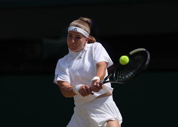 RECORD DATE NOT STATED 9th July 2026; All England Lawn Tennis and Croquet Club, London, England; Wimbledon Tennis Tournament, Day Eleven; Karolina Muchova (CZE) with a backhand shot to Coco Gauff (USA) JohnxPatrickxFletcher