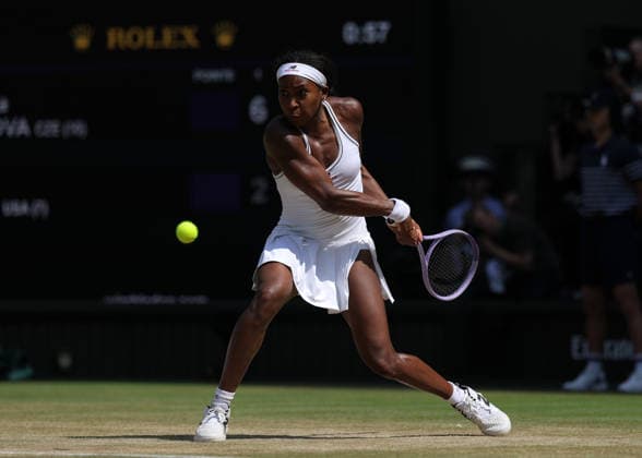 RECORD DATE NOT STATED 9th July 2026; All England Lawn Tennis and Croquet Club, London, England; Wimbledon Tennis Tournament, Day Eleven; Coco Gauff (USA) with a backhand shot to Karolina Muchova (CZE) JohnxPatrickxFletcher