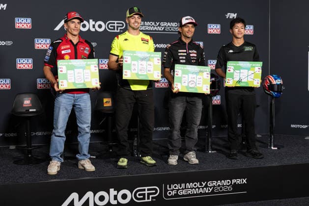 Foto IPP Enrico Schiavi Oberlungwitz 09-07-2026 MotoGP Gran Premio Motociclismo di Germania 2026 press conference, PK, Pressekonferenz nella foto: da sx. Marc Marquez - Ducati Lenovo Team con Fabio Di Giannantonio - Pertamina Enduro VR46 Racing Team, Jorge Martin - Aprilia Racing e Ai Ogura - Trackhouse MotoGP Team Oberlungwitz italy GERMANY ITALY  Copyright: xR4924_italyphotopressx