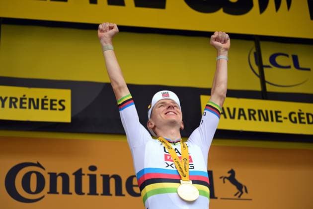 Slovenian Tadej Pogacar of UAE Team Emirates XRG celebrates on the podium after winning stage 6 of the 2026 Tour de France cycling race, a stage of 186 km from Pau to Gavarnie-Gedre, on Thursday 09 July 2026. The 113th edition of the Tour de France starts on Saturday 4 July in Barcelona, Spain, and will finish in Paris, France on the 26th of July. DAVIDxPINTENS  x180789854x