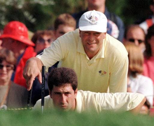 GOLF-RYDER CUP-ROCCA-OLAZABAL GOLF-RYDER CUP-ROCCA-OLAZABAL SOT06-19970926-SOTOGRANDE, SPAIN Spanish Jose Maria Olazabal (down) and Italian Costantino Rocca look at the putting line on the green of the 2nd hole during Ryder Cup First day at the Valderrama golf course 26 September 1997. Sotogrande Spain  Copyright: xGerryxPennyx