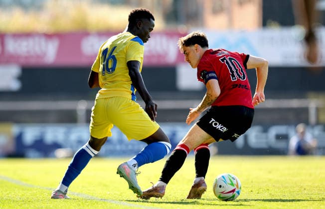 UEFA Europa Conference League First Qualifying Round First Leg, Dalymount Park, Dublin 9 7 2026 Bohemians vs St. Joseph s Bohs™ Dawson Devoy and Bakary Essamay Diedhiou of St. Joseph s Dawson Devoy and Bakary Essamay Diedhiou 9 7 2026  Copyright: xx RB2_9146