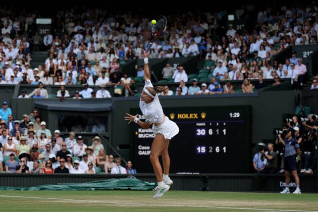 RECORD DATE NOT STATED 9th July 2026; All England Lawn Tennis and Croquet Club, London, England; Wimbledon Tennis Tournament, Day Eleven; Karolina Muchova (CZE) serves to Coco Gauff (USA) JohnxPatrickxFletcher