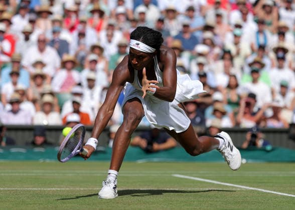 RECORD DATE NOT STATED 9th July 2026; All England Lawn Tennis and Croquet Club, London, England; Wimbledon Tennis Tournament, Day Eleven; Coco Gauff (USA) with a backhand shot to Karolina Muchova (CZE) JohnxPatrickxFletcher